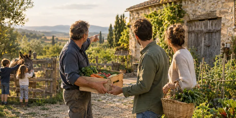 Un agriculteur tend une cagette de légumes à un couple de clients, dans la cour de sa ferme ; au fond, deux enfants caressent un âne.